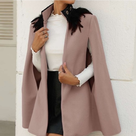 Jackets & Blazers - Boho Dusty Pink Feather Trim Cape Jacket Open Front